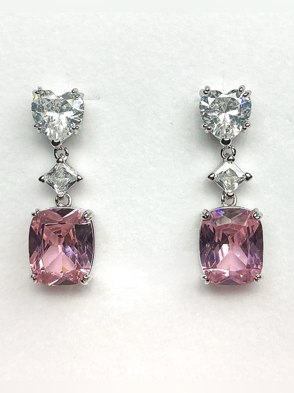 Pink Cushion Cut CZ Heart  Drop Earrings Silver Earrings